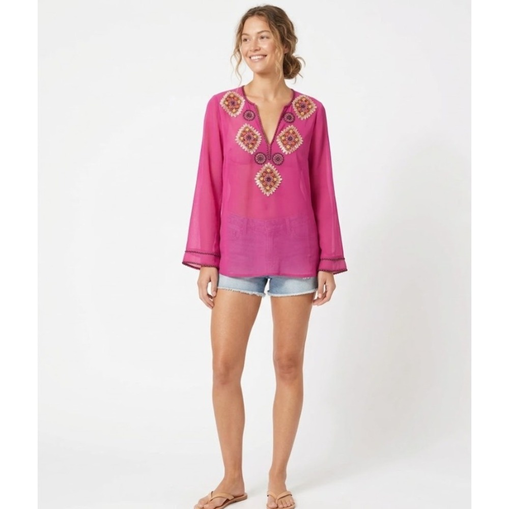 Boston Proper Magenta Embellished‎ Boho Flare Sleeve Feminine Tunic XS Resort